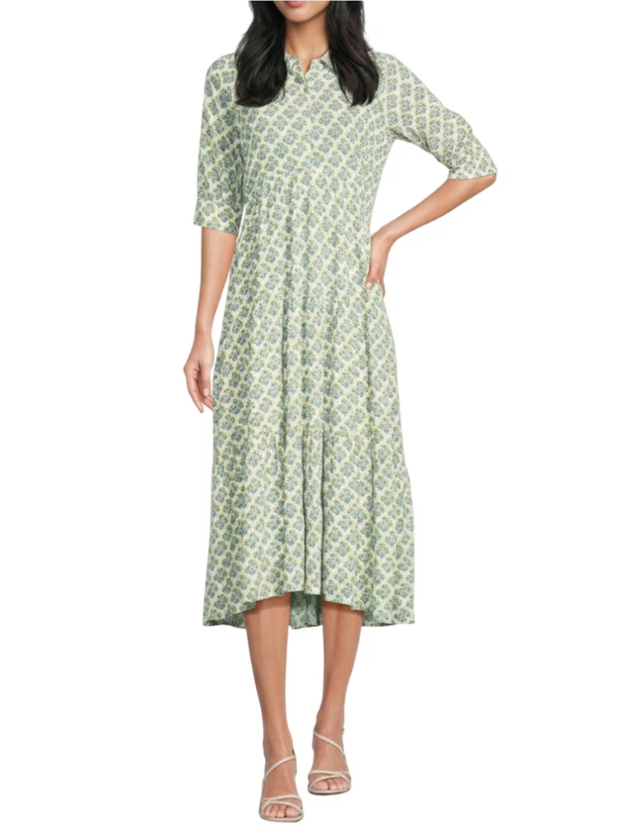 Floral Print Collar Tiered Midi Shirt Dress