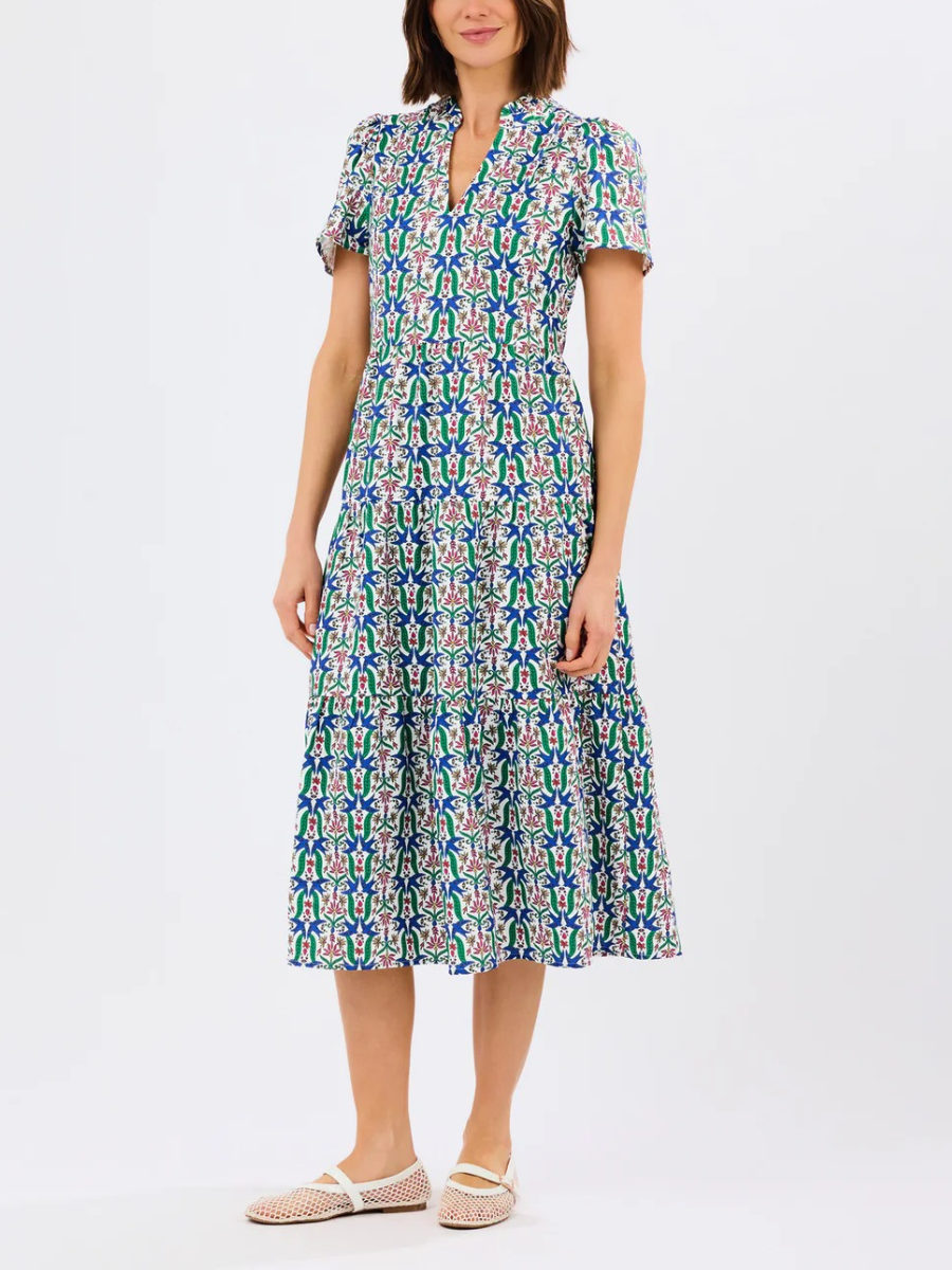 Floral Block Print Tiered Midi Dress