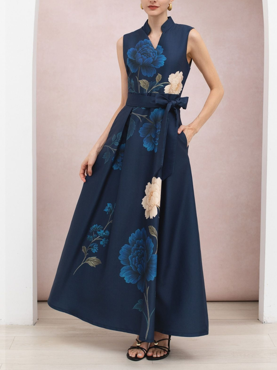 Regal Peony Print Tie-Waist Sleeveless Maxi Dress