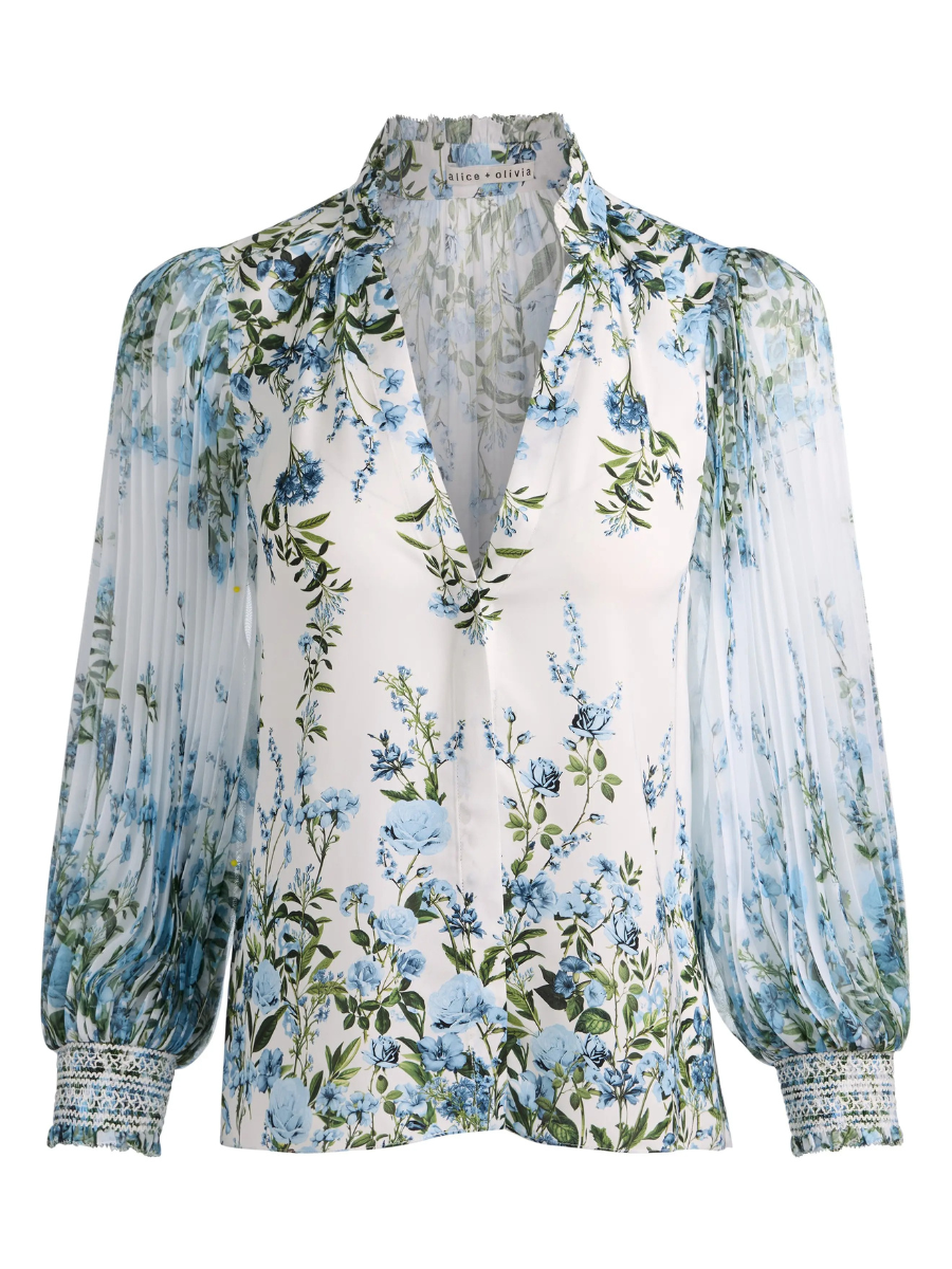 Floral Pleated Sleeve Button-Up Blouse