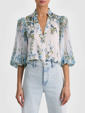Floral Pleated Sleeve Button-Up Blouse
