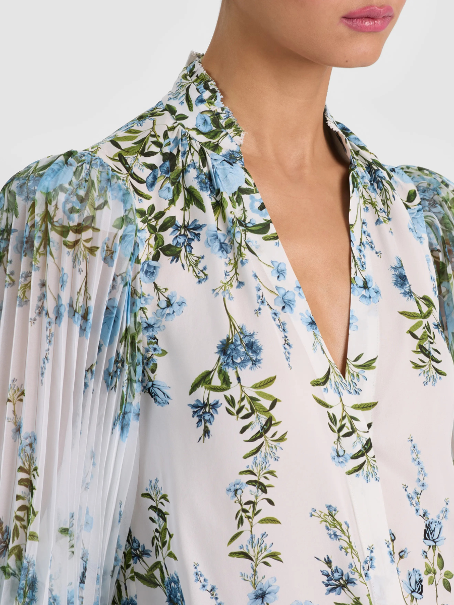 Floral Pleated Sleeve Button-Up Blouse
