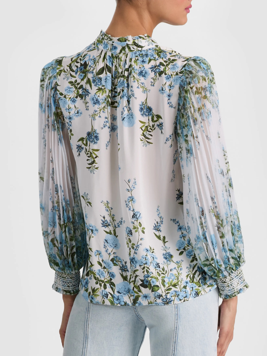 Floral Pleated Sleeve Button-Up Blouse
