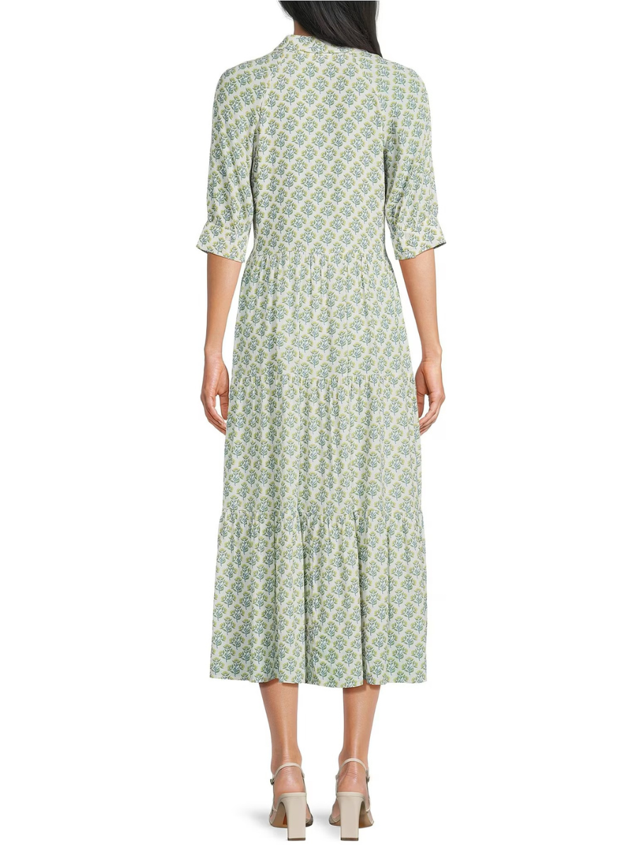 Floral Print Collar Tiered Midi Shirt Dress