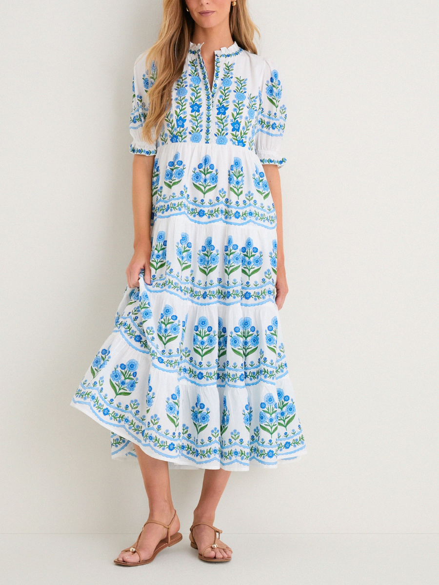 Ruffle Neck Puff Sleeve Floral Print Dress