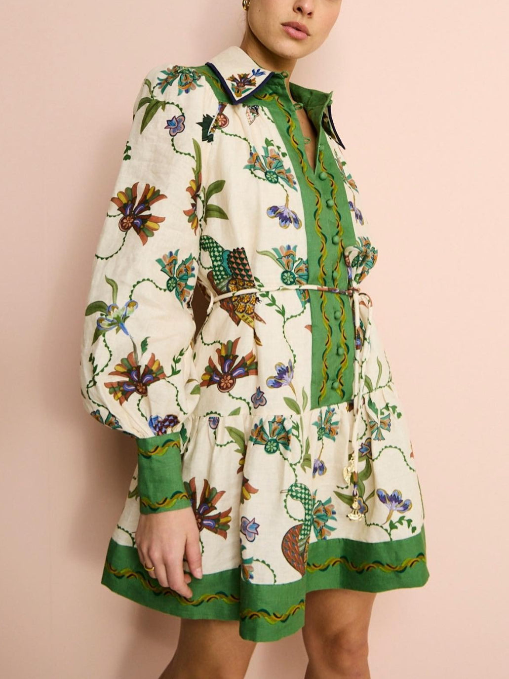 Vintage Flip-Print Long-Sleeve Mini Dress