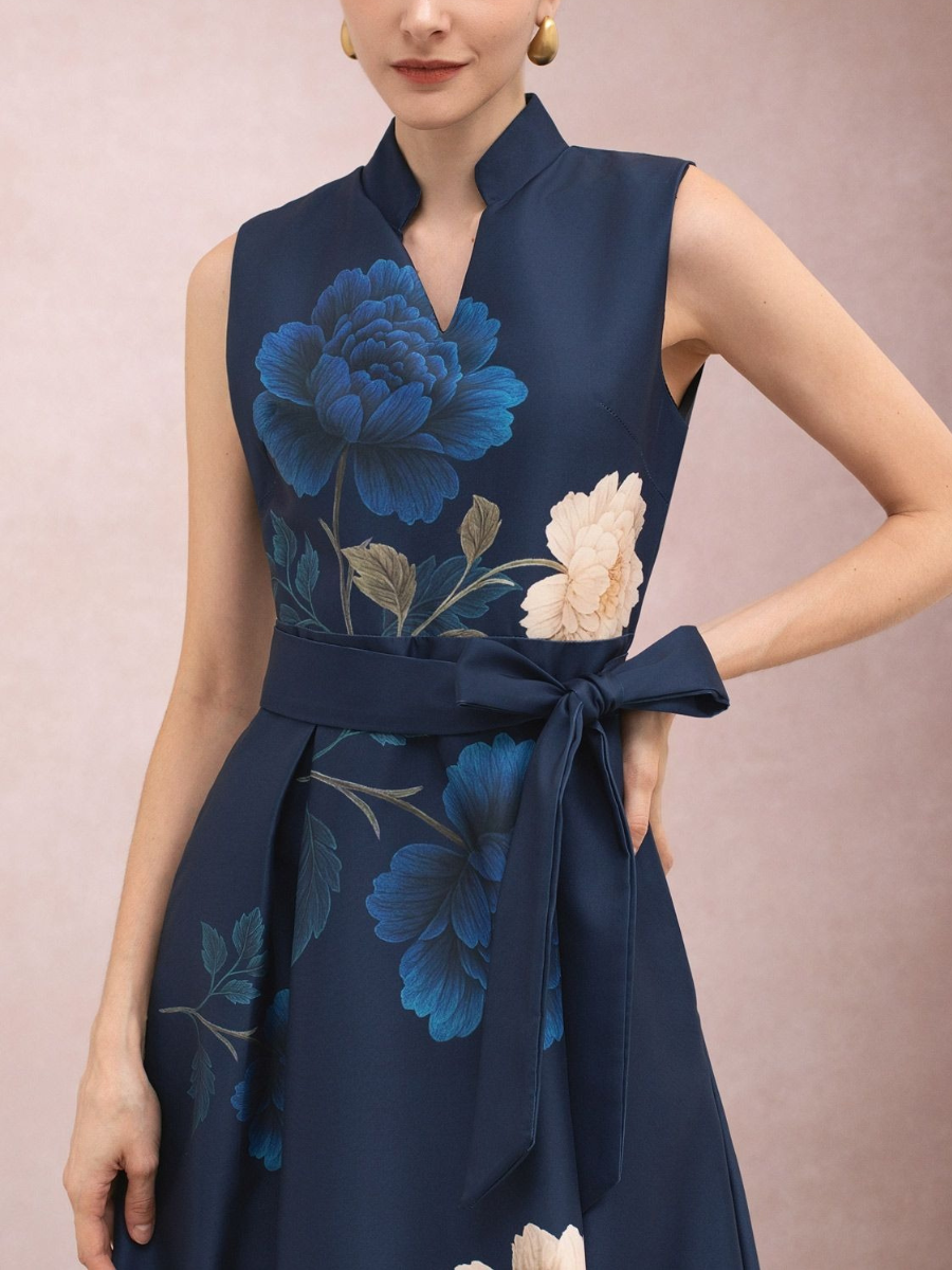 Regal Peony Print Tie-Waist Sleeveless Maxi Dress