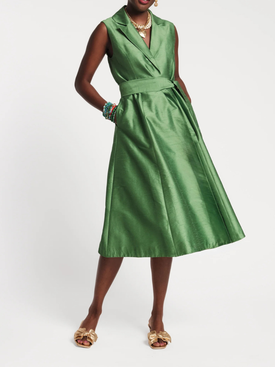 Belted Wrap-Front Satin Midi Dress