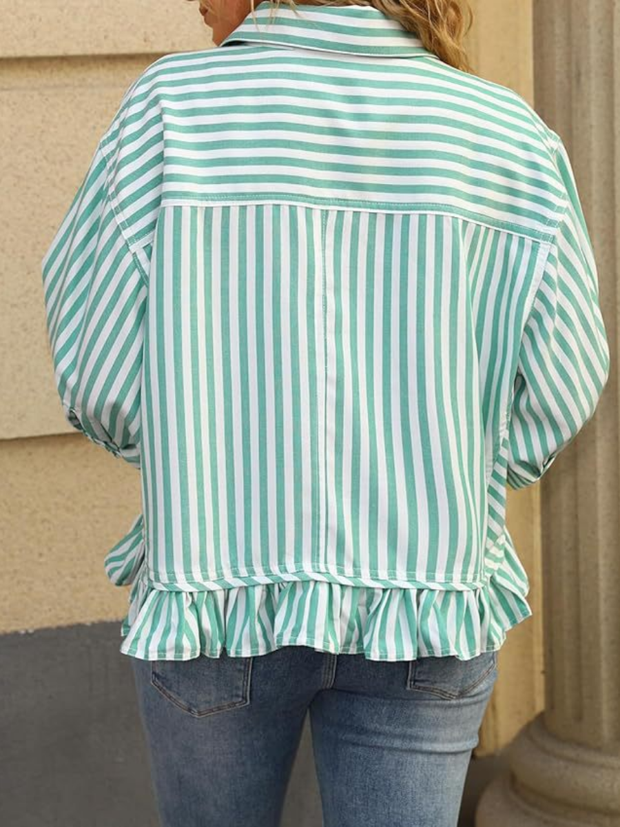 Ruffled Short Sleeve Button Down Striped Shirt