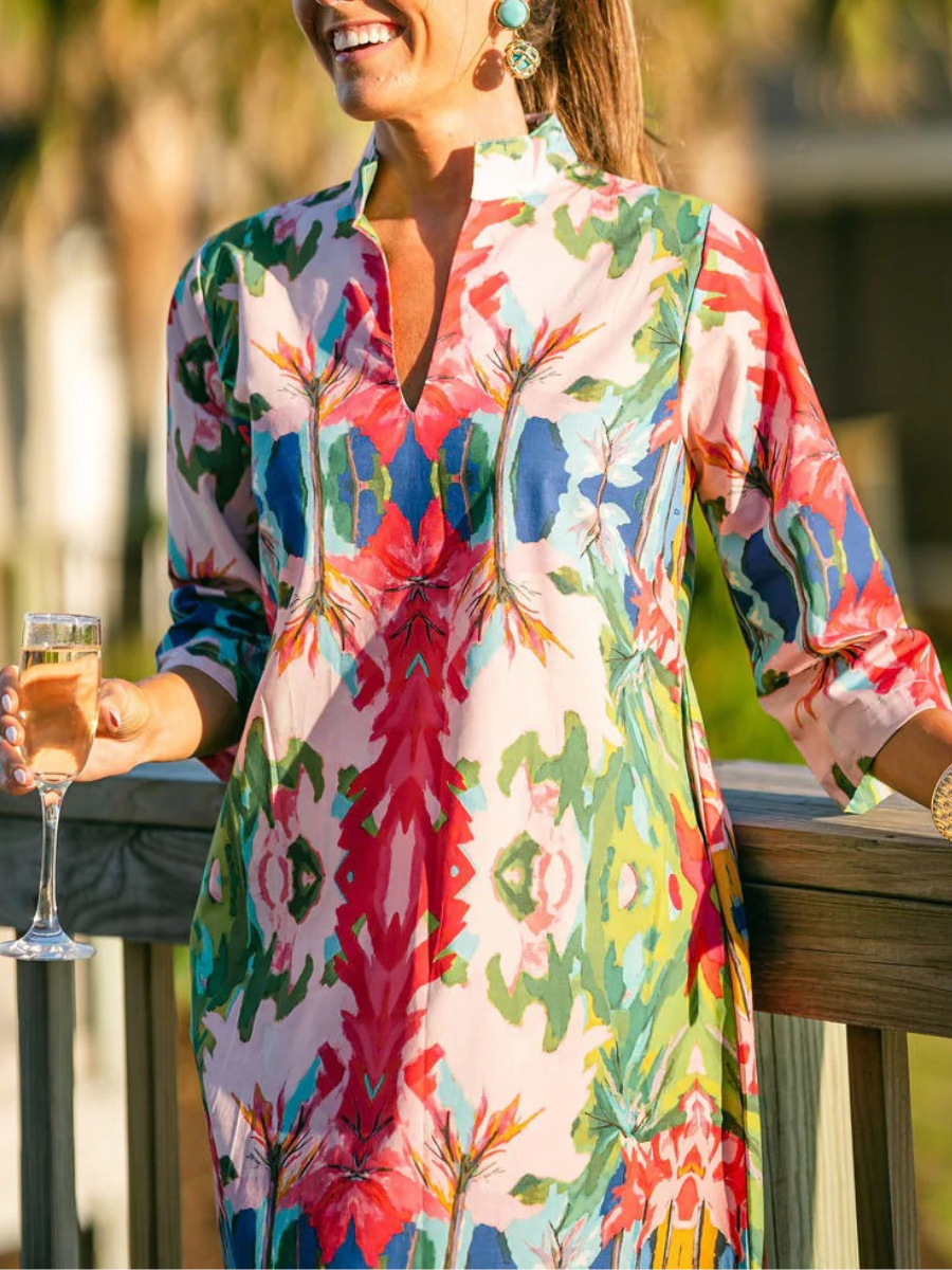 Colorful Abstract Floral Caftan Midi Dress