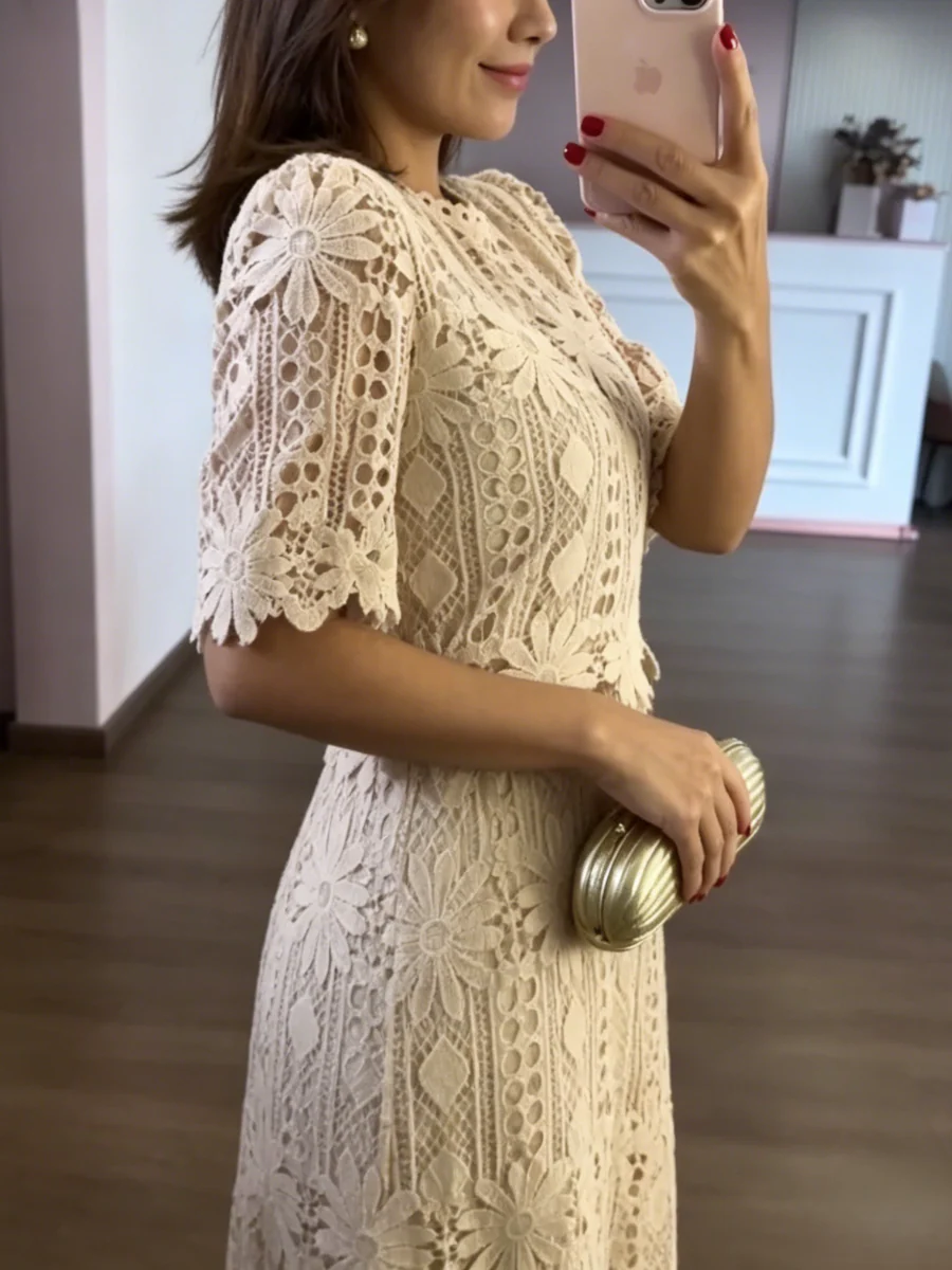 Modest High Neck Lace Midi Evening Dress