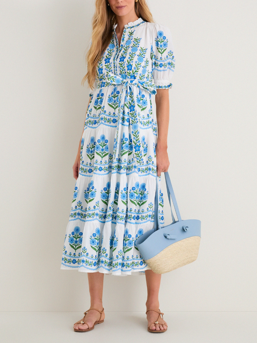 Ruffle Neck Puff Sleeve Floral Print Dress