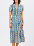 Floral Block Print Tiered Midi Dress