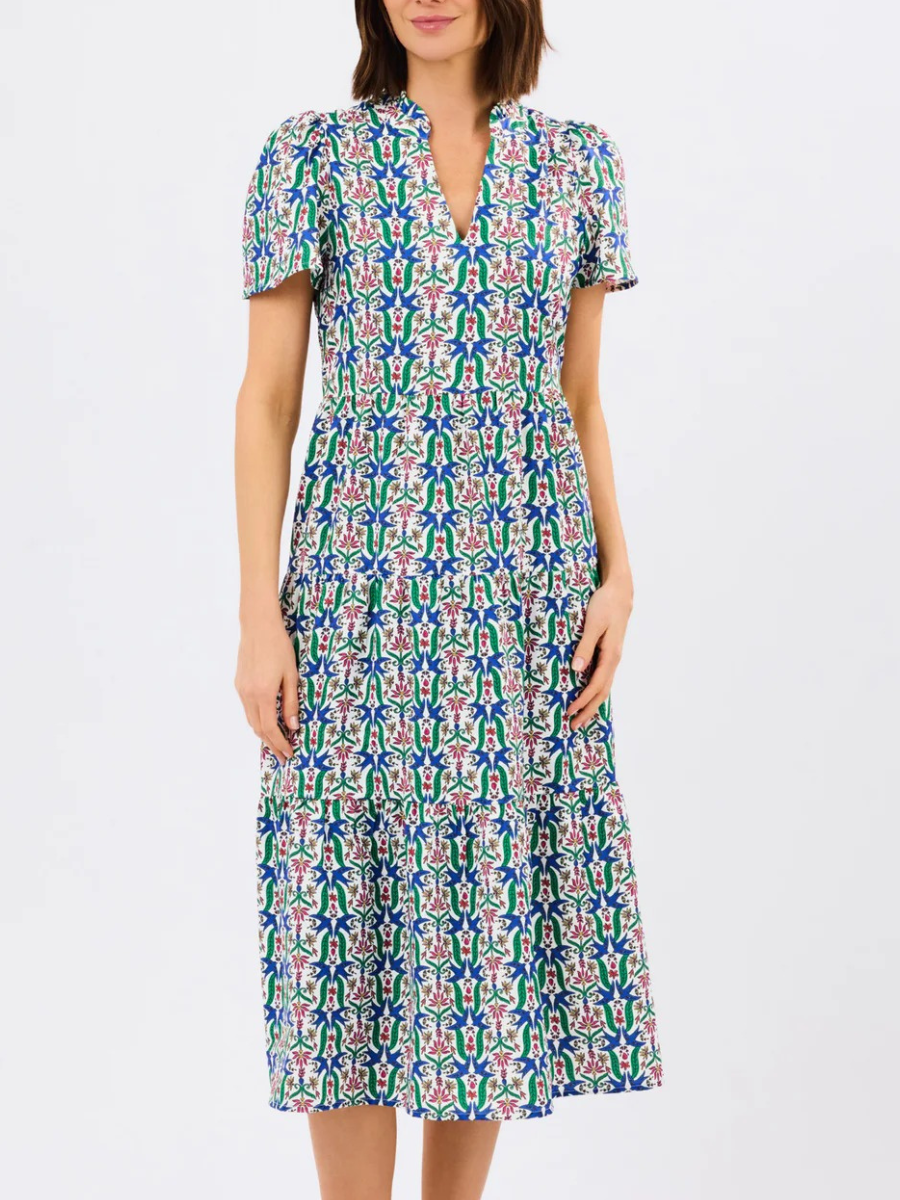 Floral Block Print Tiered Midi Dress