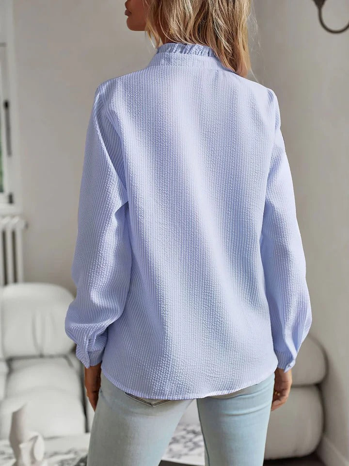Ruffle Neck Striped Crinkle Texture Shirt