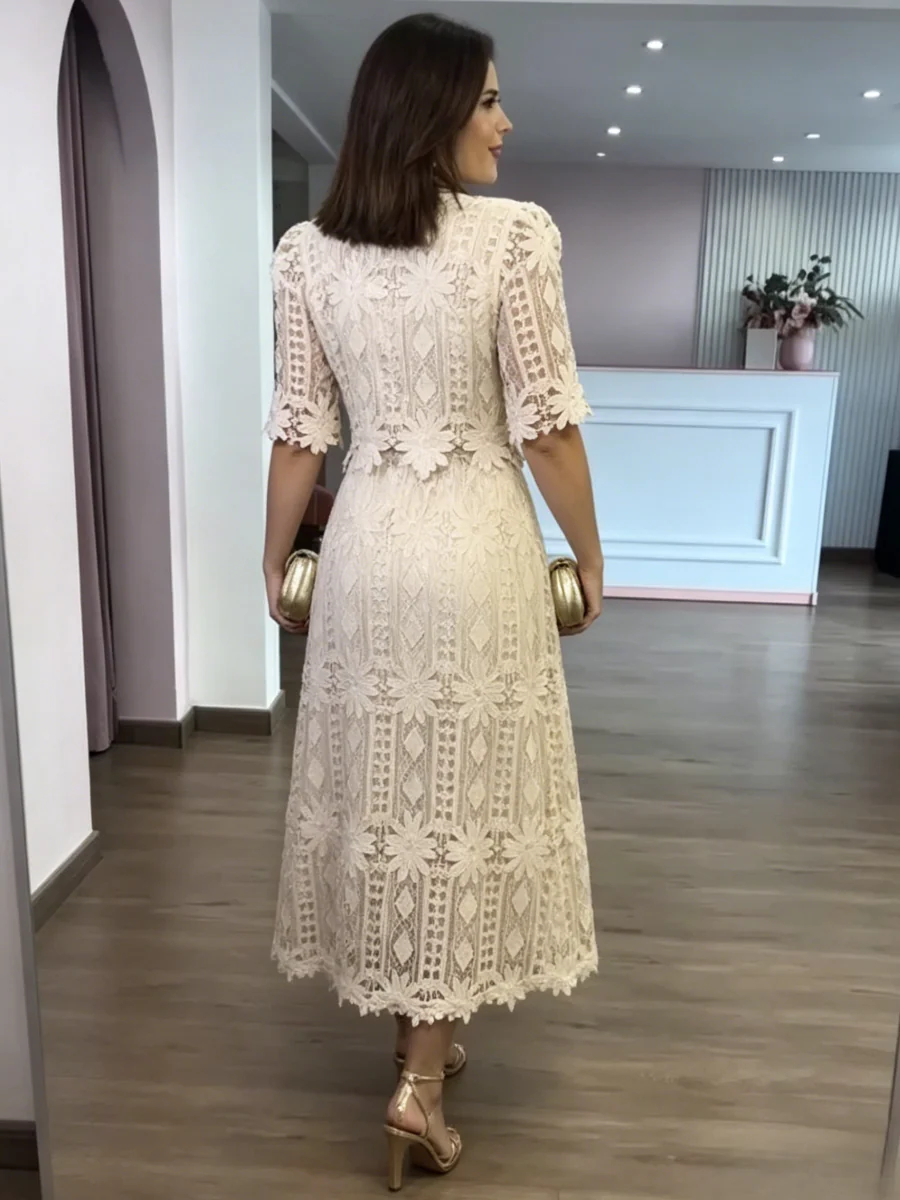 Modest High Neck Lace Midi Evening Dress
