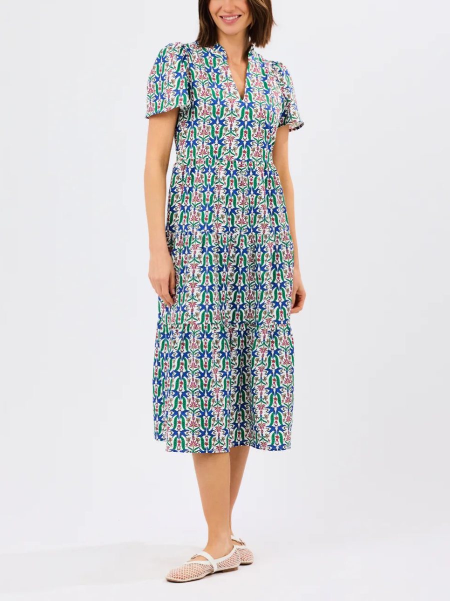 Floral Block Print Tiered Midi Dress
