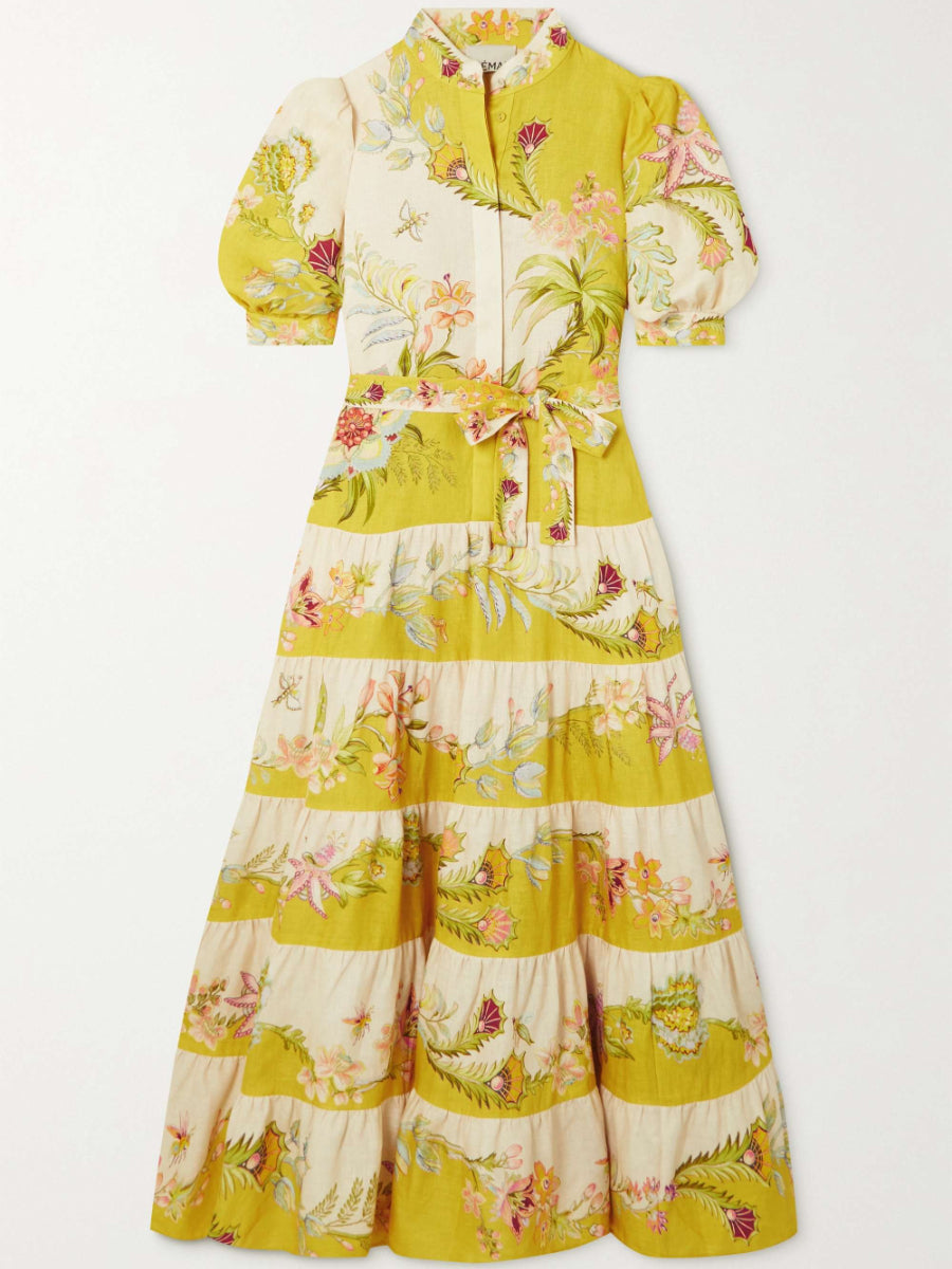 The Tiered Midi Dress in Lemon / Cream