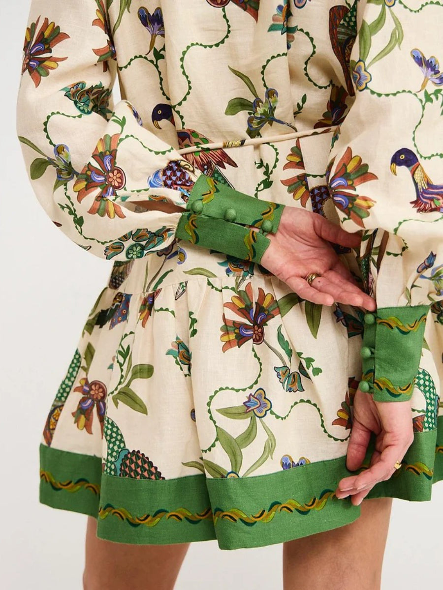 Vintage Flip-Print Long-Sleeve Mini Dress