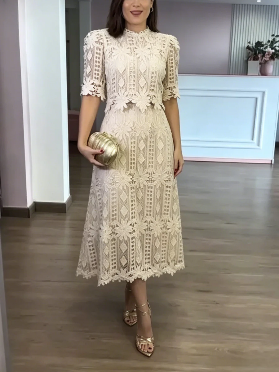 Modest High Neck Lace Midi Evening Dress