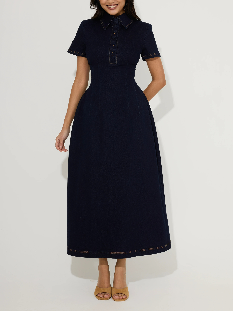 Cotton Mix Denim Collared Midi Dress
