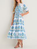Ruffle Neck Puff Sleeve Floral Print Dress