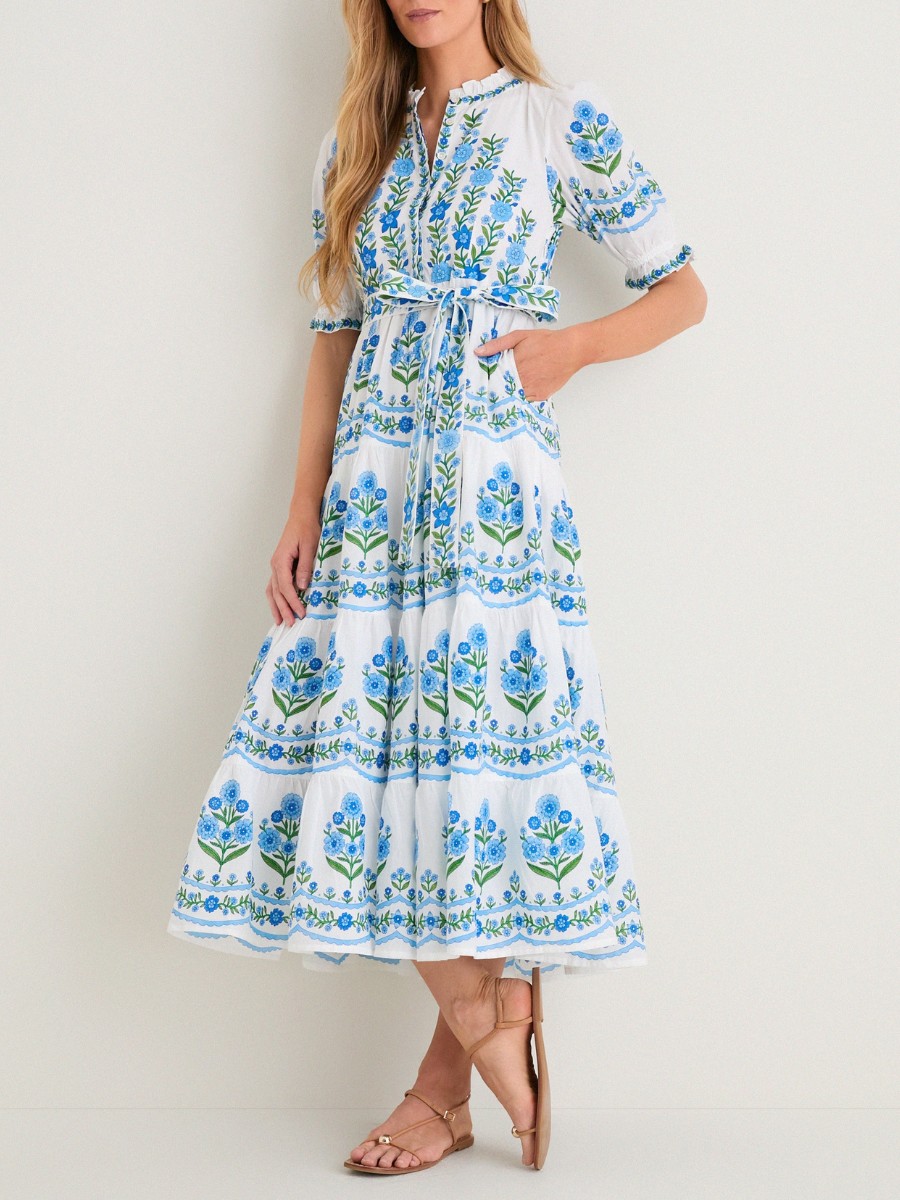 Ruffle Neck Puff Sleeve Floral Print Dress