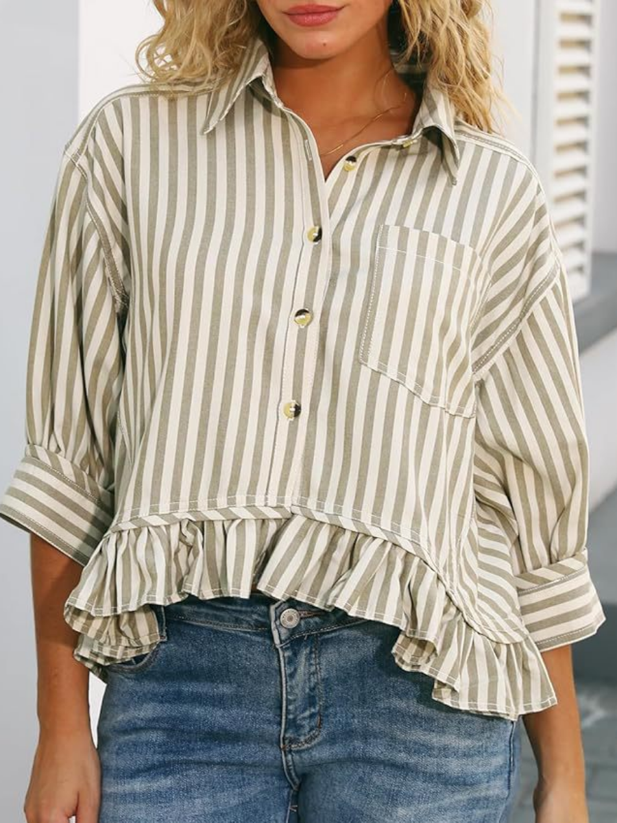 Ruffled Short Sleeve Button Down Striped Shirt