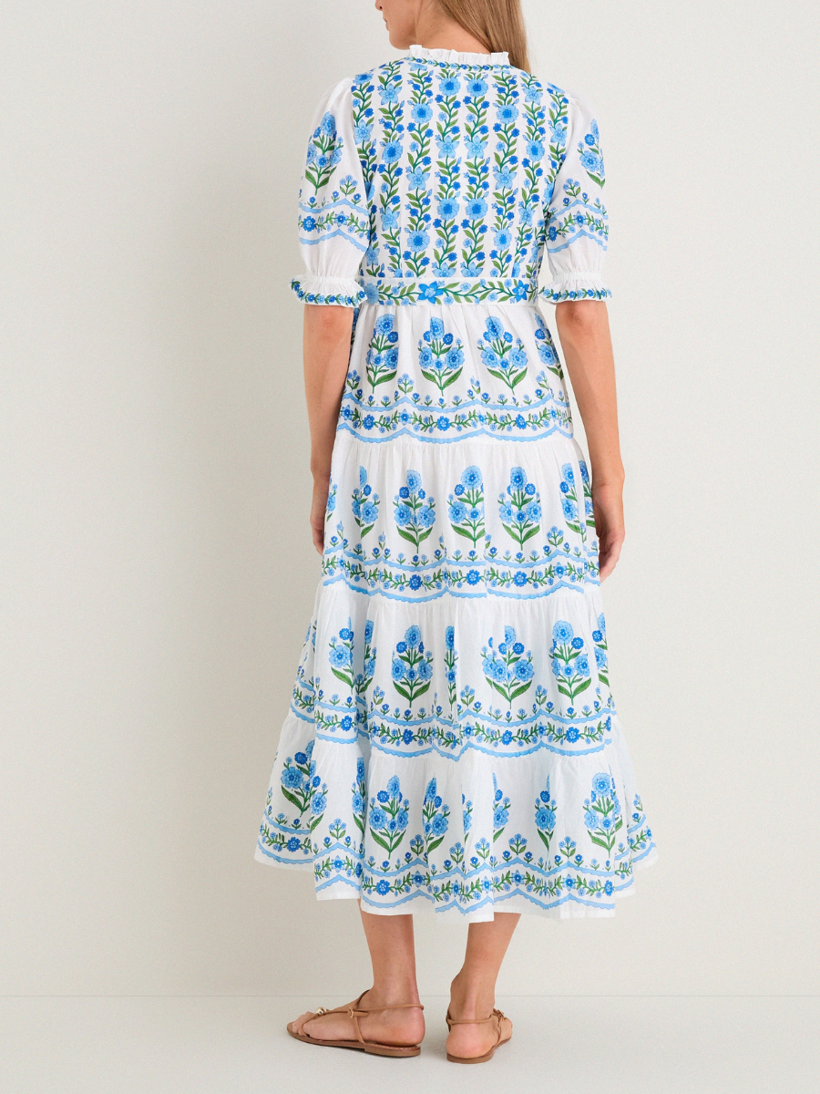 Ruffle Neck Puff Sleeve Floral Print Dress