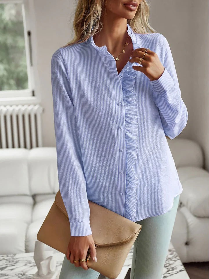 Ruffle Neck Striped Crinkle Texture Shirt