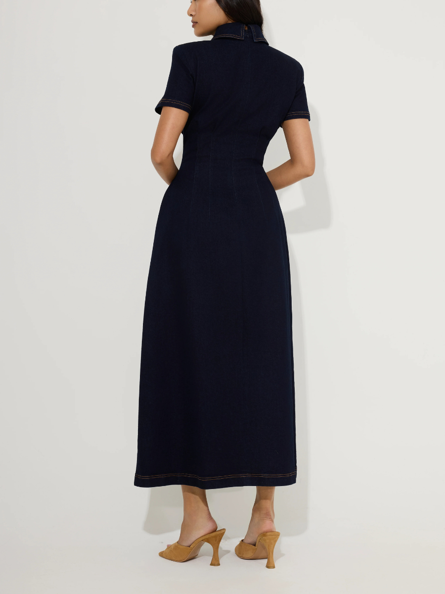 Cotton Mix Denim Collared Midi Dress