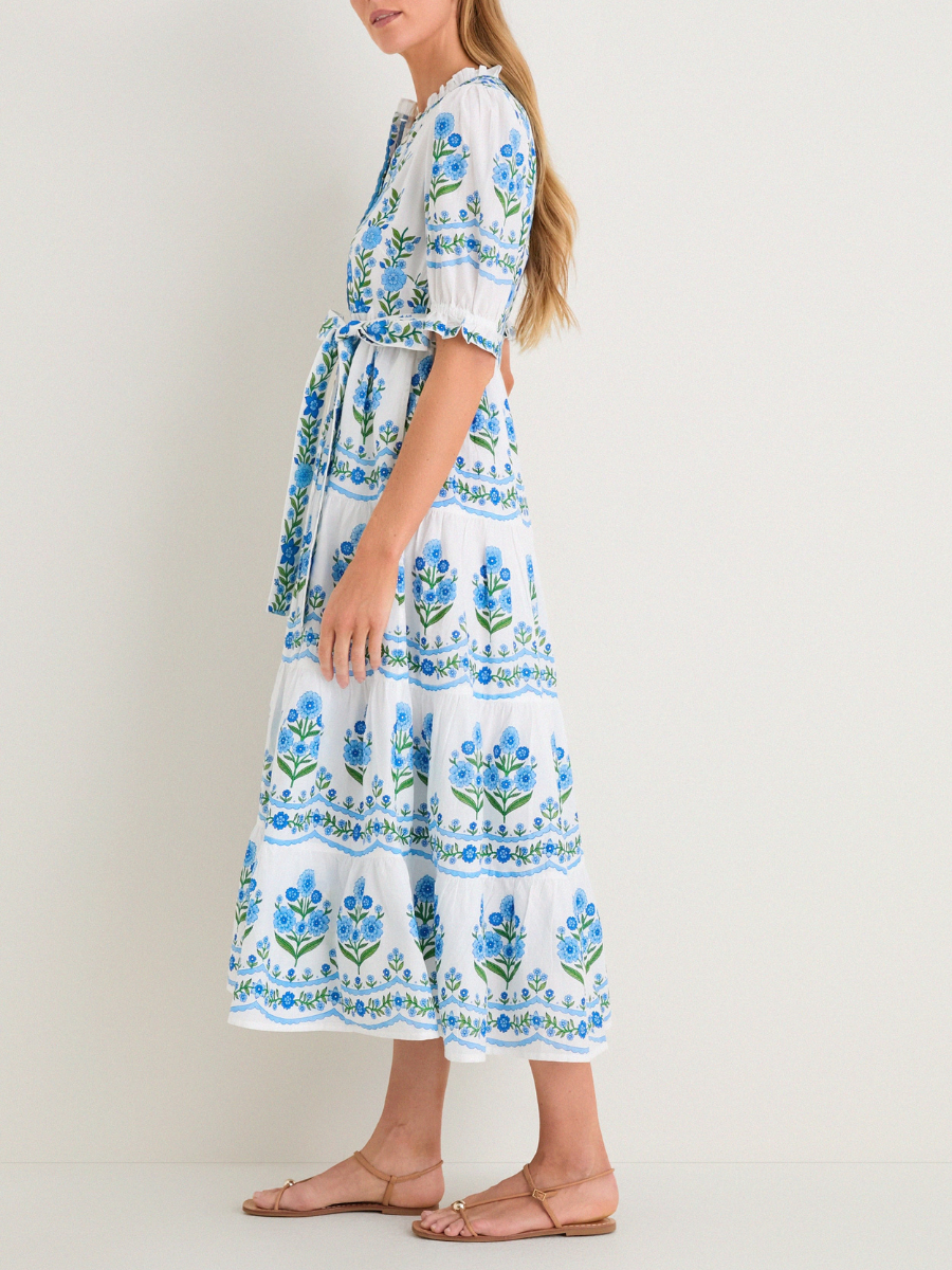 Ruffle Neck Puff Sleeve Floral Print Dress