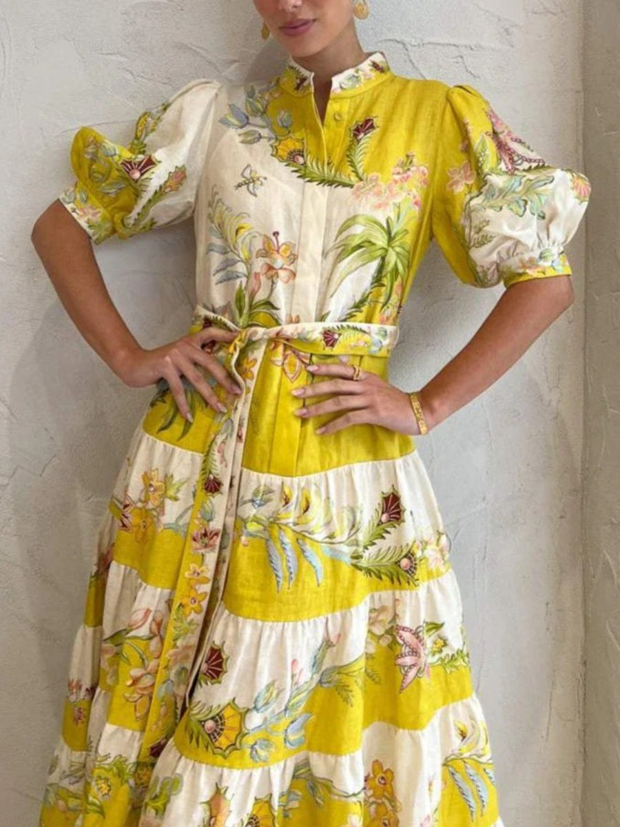 The Tiered Midi Dress in Lemon / Cream