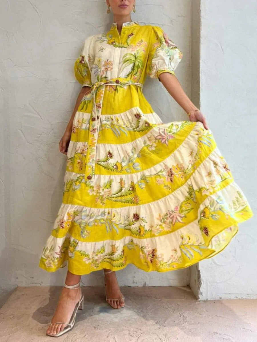 The Tiered Midi Dress in Lemon / Cream