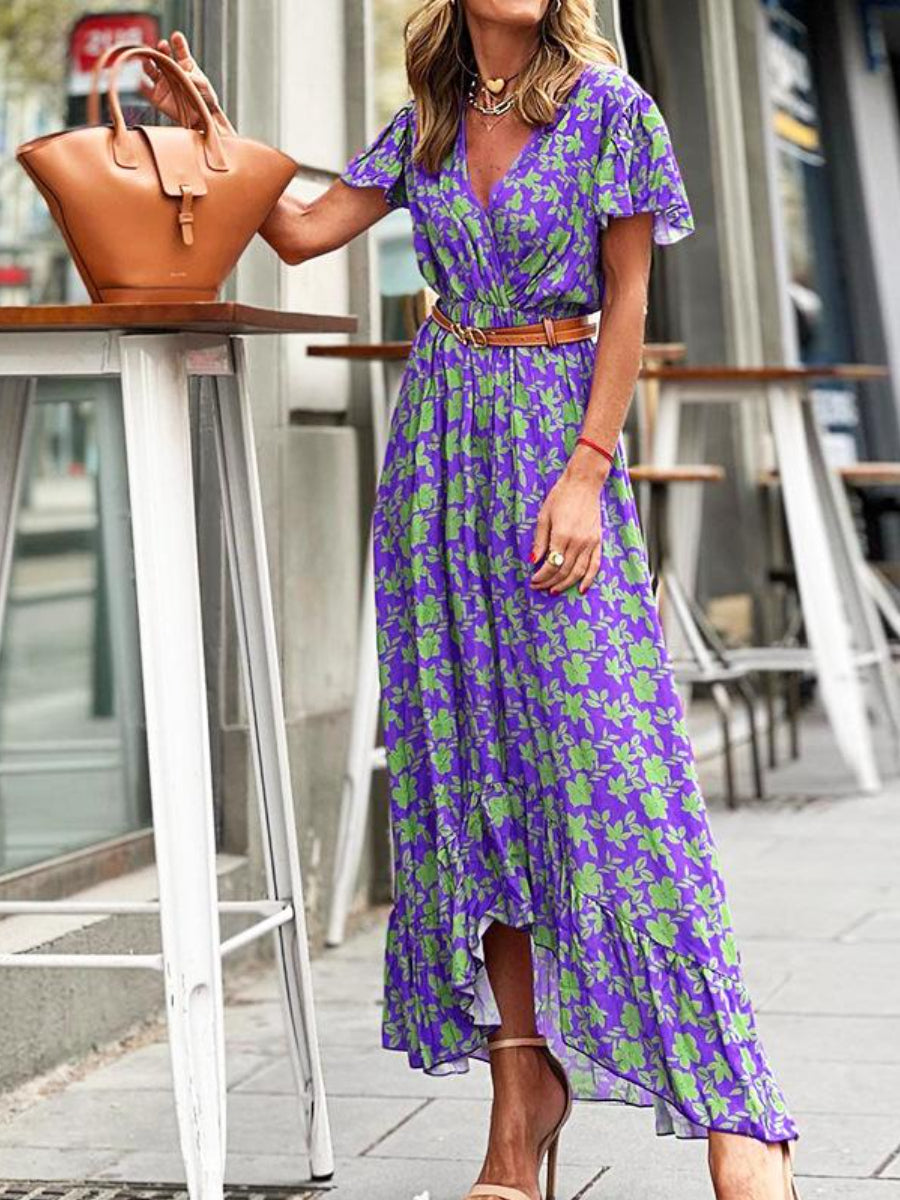 V-Neck Short Sleeve Swing Print Dress